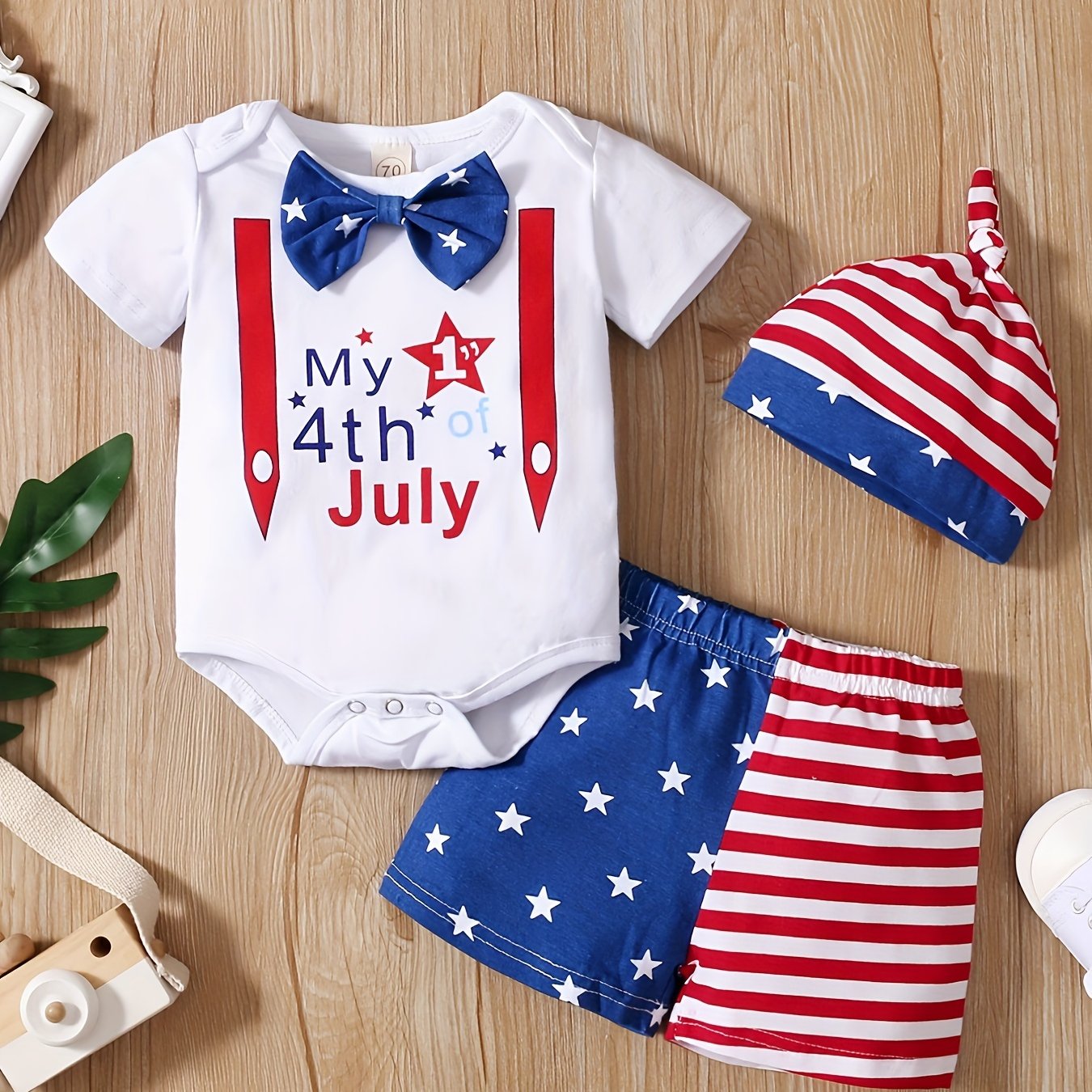TEMU 3pcs Of Baby Boy Summer Independent Day Letter Printed Jumpsuit+striped Star Shorts Set, For Outdoor