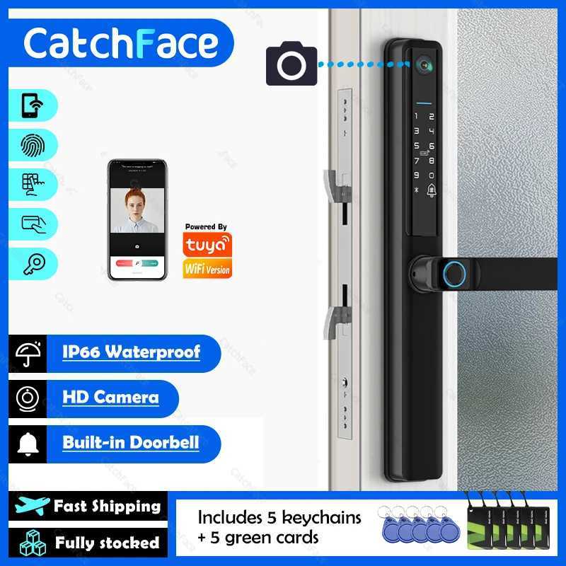 Waterproof camera outdoor fingerprint scanner WIFI application RFID card code keyless intelligent electronic door lock aluminum-glass sliding CL2409