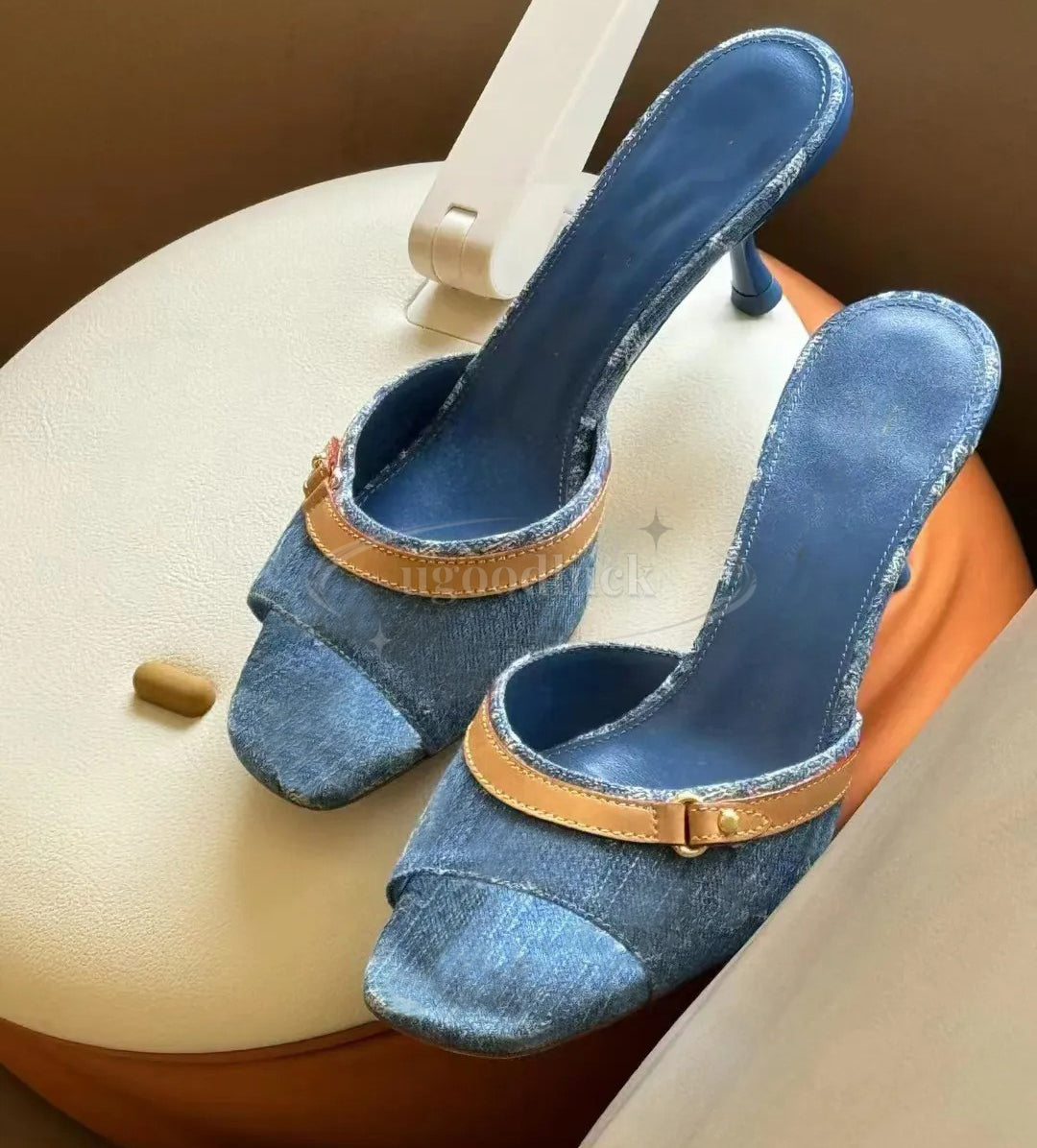 Mule Heels Vintage Blue Denim Slide Sandals Designer Kitten High Heels Slides Slippers Summer Neo Revival Beach Sandal Open Toe Mules