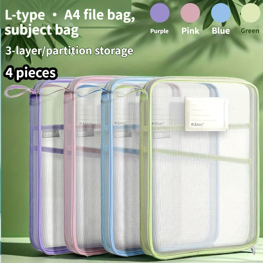 TEMU 4pcs Durable A4 File Pocket With Handle Portable Multifunctional Organizer For Books Stationery And Office Supplies Thick Mesh Double Zippers