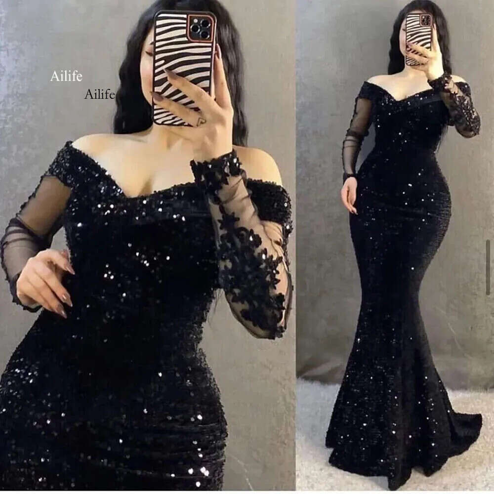 Glitter Sequins Mermaid Black Evening Dresses Off The Shoulder Long Sleeves 2023 Green Women Formal Night Party Gowns 0603 0715