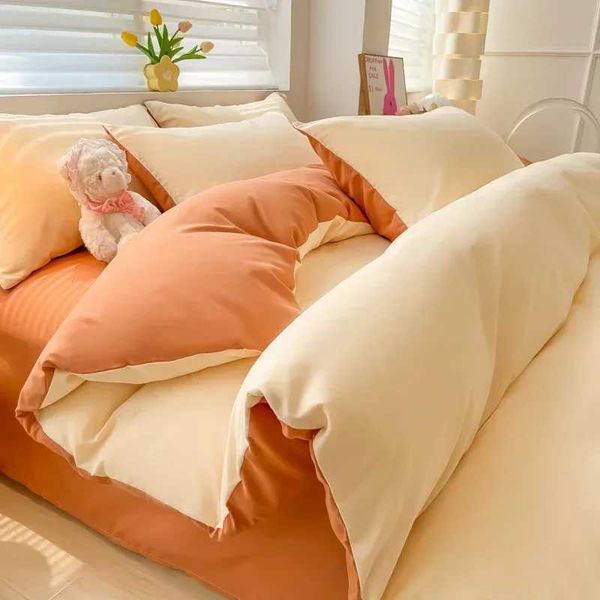Beige Solid Color Duvet Cover Set Reversible Modern Minimalist Style Caramel Orange Bedding Set Soft Bed Comforter Covers 4pcsC241021
