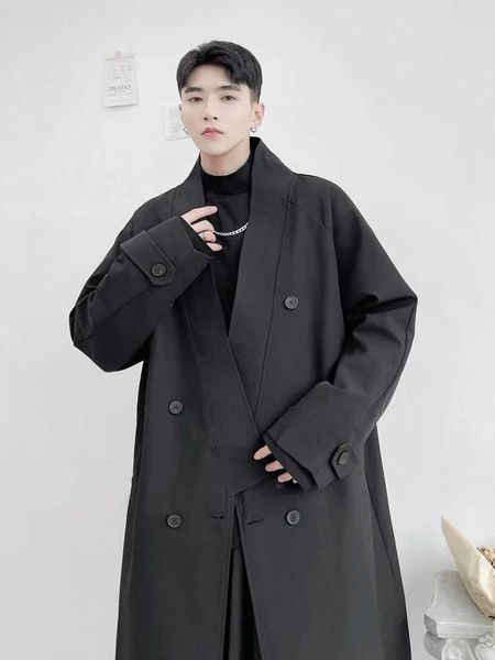 Mens fashionable loose knee coat autumn personalized large collar mid length double chest lace windproof machine W241007