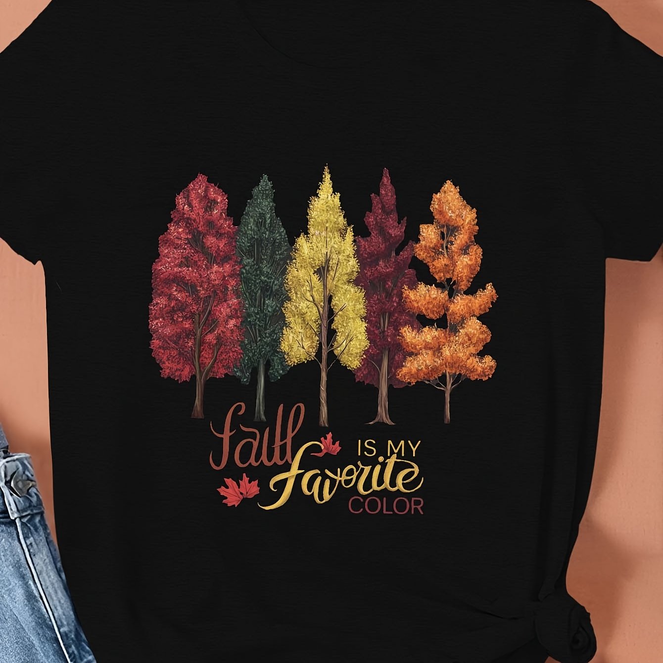 TEMU Plus Size Short Sleeve T-shirt For Women Featuring Autumn .