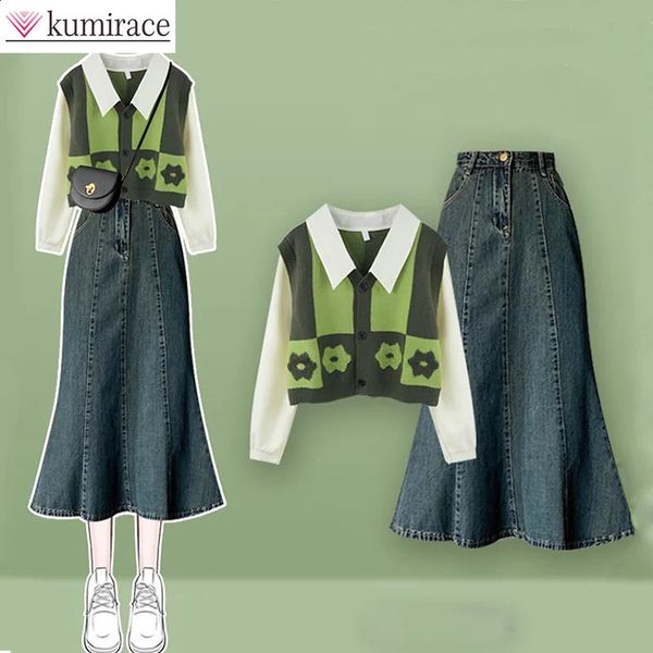 Womens Korean denim fishtail skirt set salt fashion fake two-piece top slim fit autumn 240903