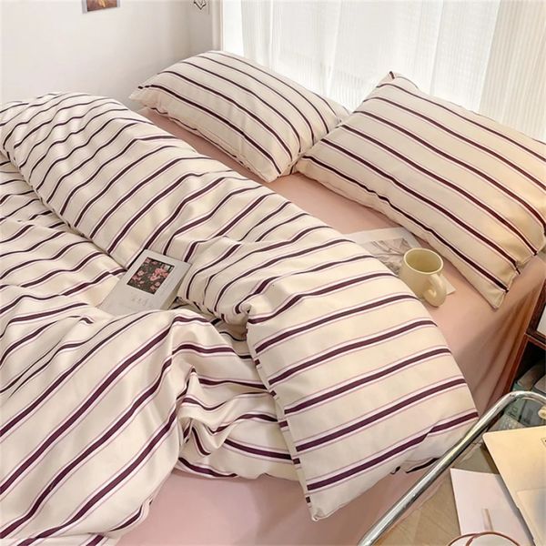 Soft Blue Striped Cotton Bedding Set - Simple Duvet Cover Sheet Pillowcase Ins Style Bed ens Queen King Size