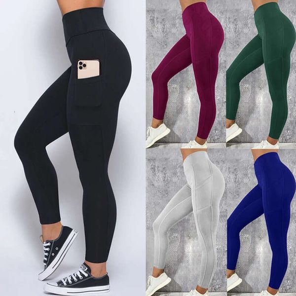 Plus Size Pocket Yoga Pants Women Solid Fiess Sports Leggings High Waist Elastic Gym Tights Female Running Trousers XXXL