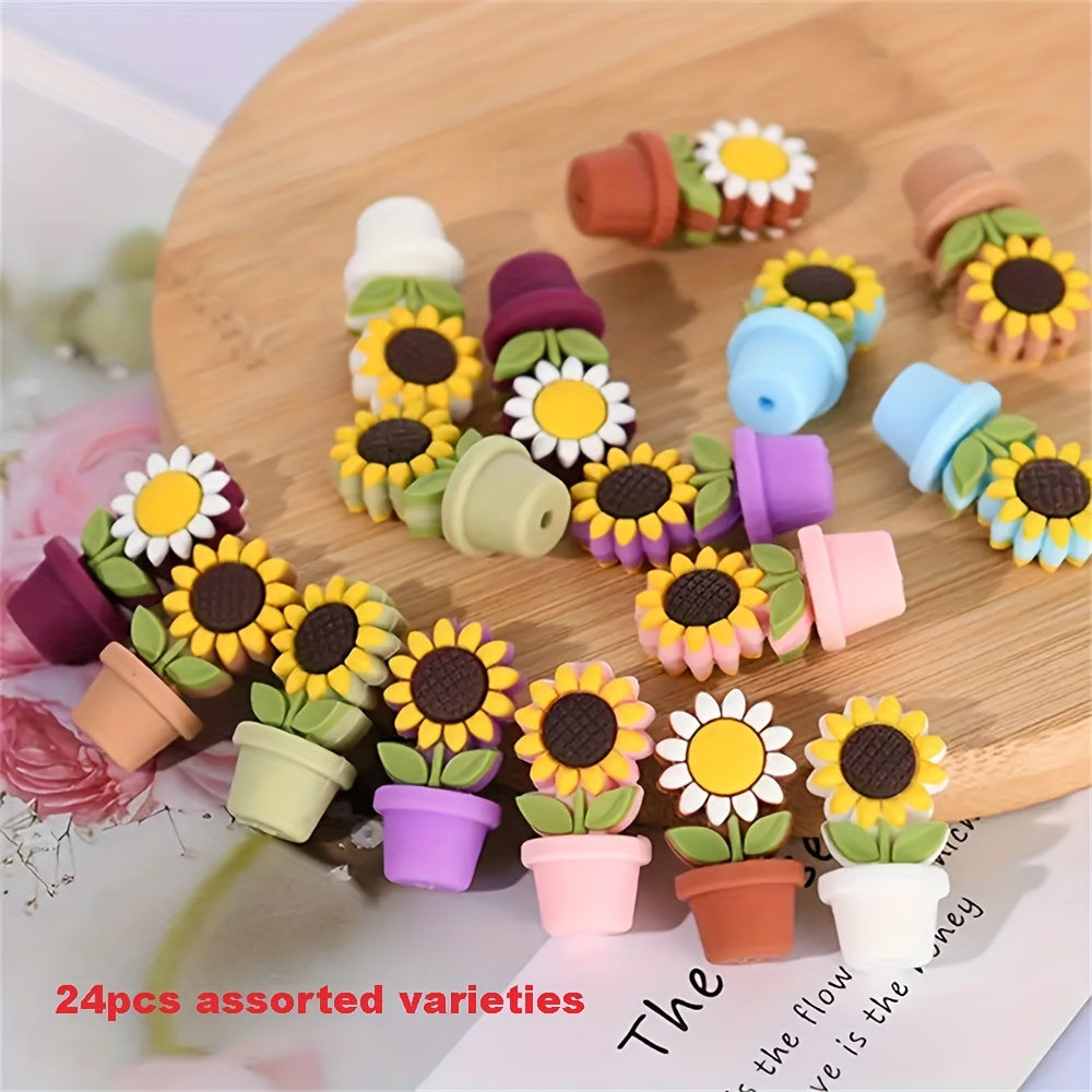 TEMU 24pcs Random Color Sunflower Silicone Potted Beads With Hole For Pens Jewelry Craft Making Supplies