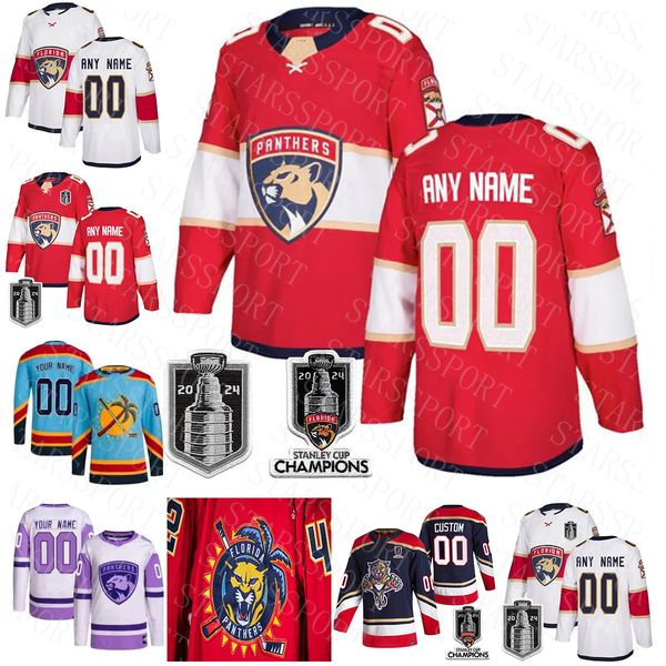 19 Matthew Tkachuk 2024 Stanley Cup Final Champions Florida hockey jersey Panther 16 Aleksander Barkov Spencer Knight Sergei Bobrovsky Monto