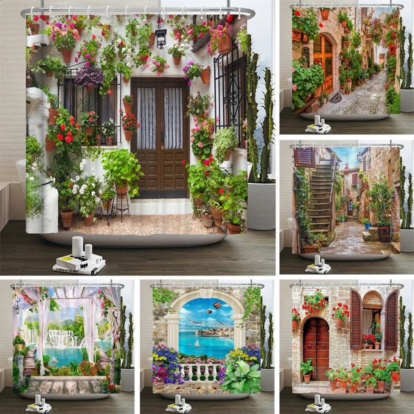 Garden Flower Landscape Shower Curtains Bathroom Curtains Waterproof Bathroom Curtains Home Decor Washable Fabric Bathroom Screen 240903