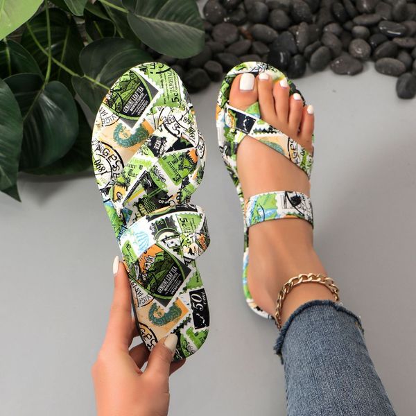 2024 Fashionable Printed Flat Slippers Women Wear Summer Simple Style Beach Roman Clip Toe Sandals Flip Flops Sandalias Mujer