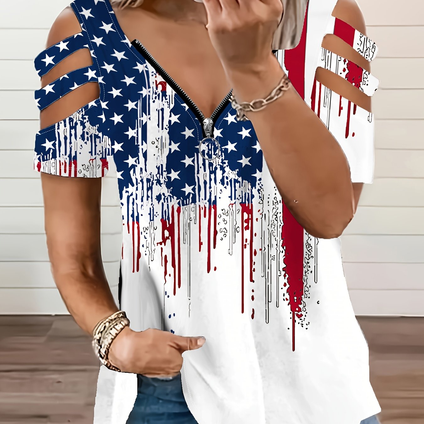 TEMU Women's Trendy Flag Print T-shirt, Suitable For Spring And Summer Casual Loose-fitting Short-sleeve Swear