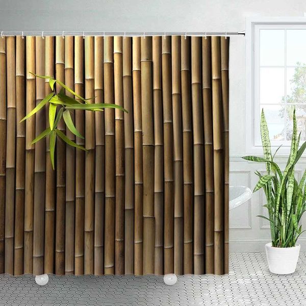 Bamboo Printed Shower Curtains Set Zen Japanese Spring Nature Tan Home Decor Asian Fabric Chic Bathroom Bath Curtain with Hooks M240824