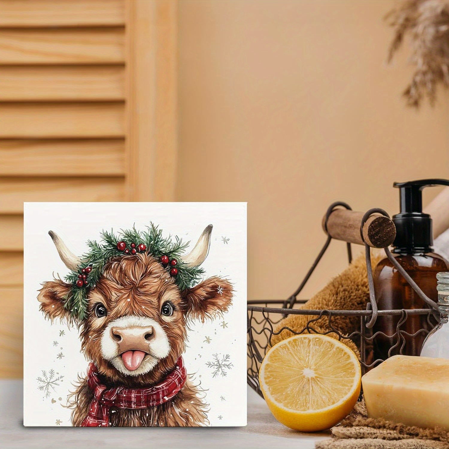 TEMU Natural Wood Highland Decoration - Rustic Farmhouse Tabletop Decor With Red & Scarf, No Electricity Needed, Lightweight Desktop Shelf Decor For