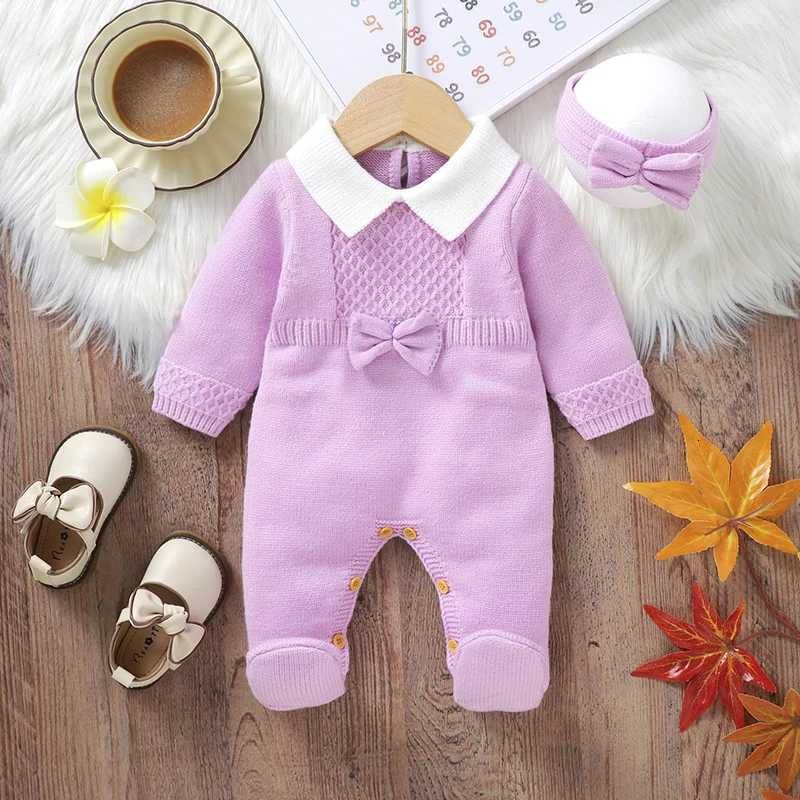 K437 Winter Newborn Girls Rompers Clothes Autumn Purple Turtle Neck Long Sleeve Infant Kids Knitted Jumpsuits Headband Set 2pcs 018m L250906