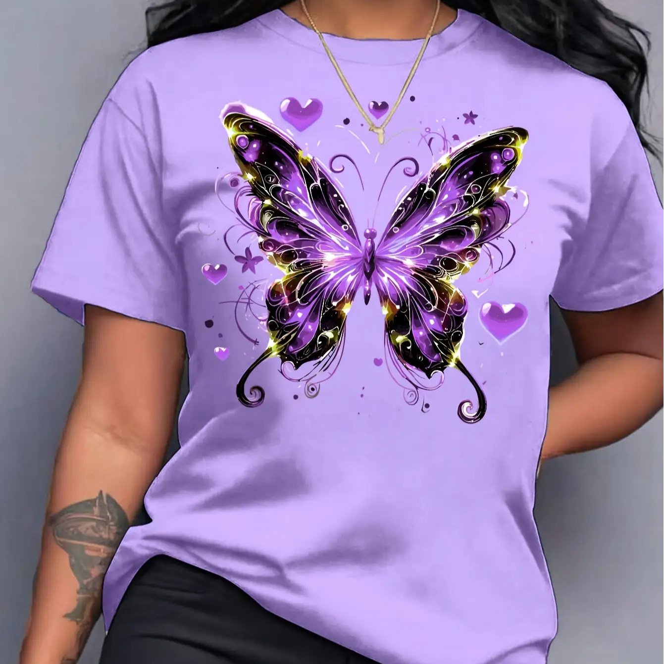 TEMU Women's Glossy Print T-shirt - Lightweight Polyester Short Sleeve Round Neck Top With Bowknot & Heart Cutouts, Machine Washable Spring Summer