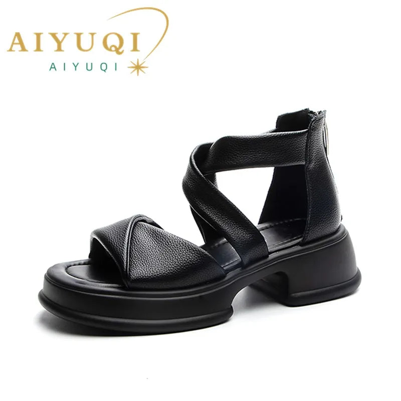 AIYUQI Sandals Women Platform Summer Roman Closed-toe Women Sandals Back Zipper Large Size Genuine Leather Women Shoes