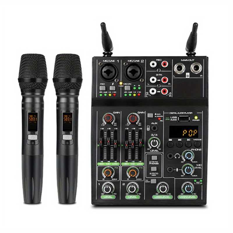 TEMU High-quality 4-channel Mixer With Uhf Microphone System - Music Performance And Karaoke, 48 Power, Phone For An