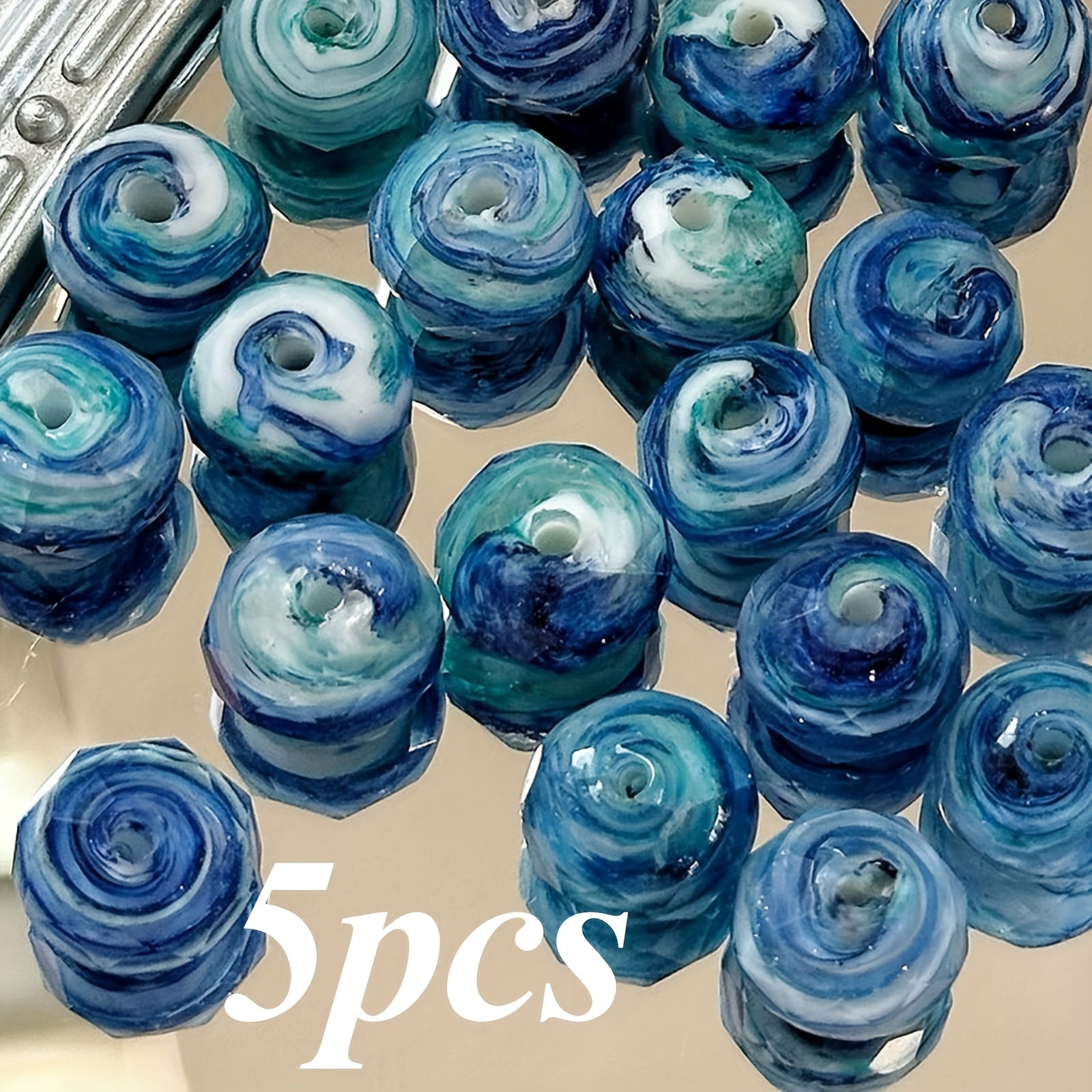TEMU Handmade Blue Glass Beads - Oil Painting Style, Swirl Patterns, Perfect For Making, Bracelets & Necklaces, Beads For Making Jewelry, Jewelry