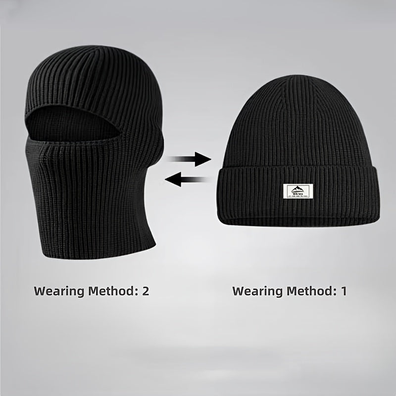 TEMU Men's Fashion -one Knit Beanie And Face Mask, 100% Polyester Stretch Fabric, Solid Color, Warm Outdoor Cycling , Anti-cold Headwear, Hand