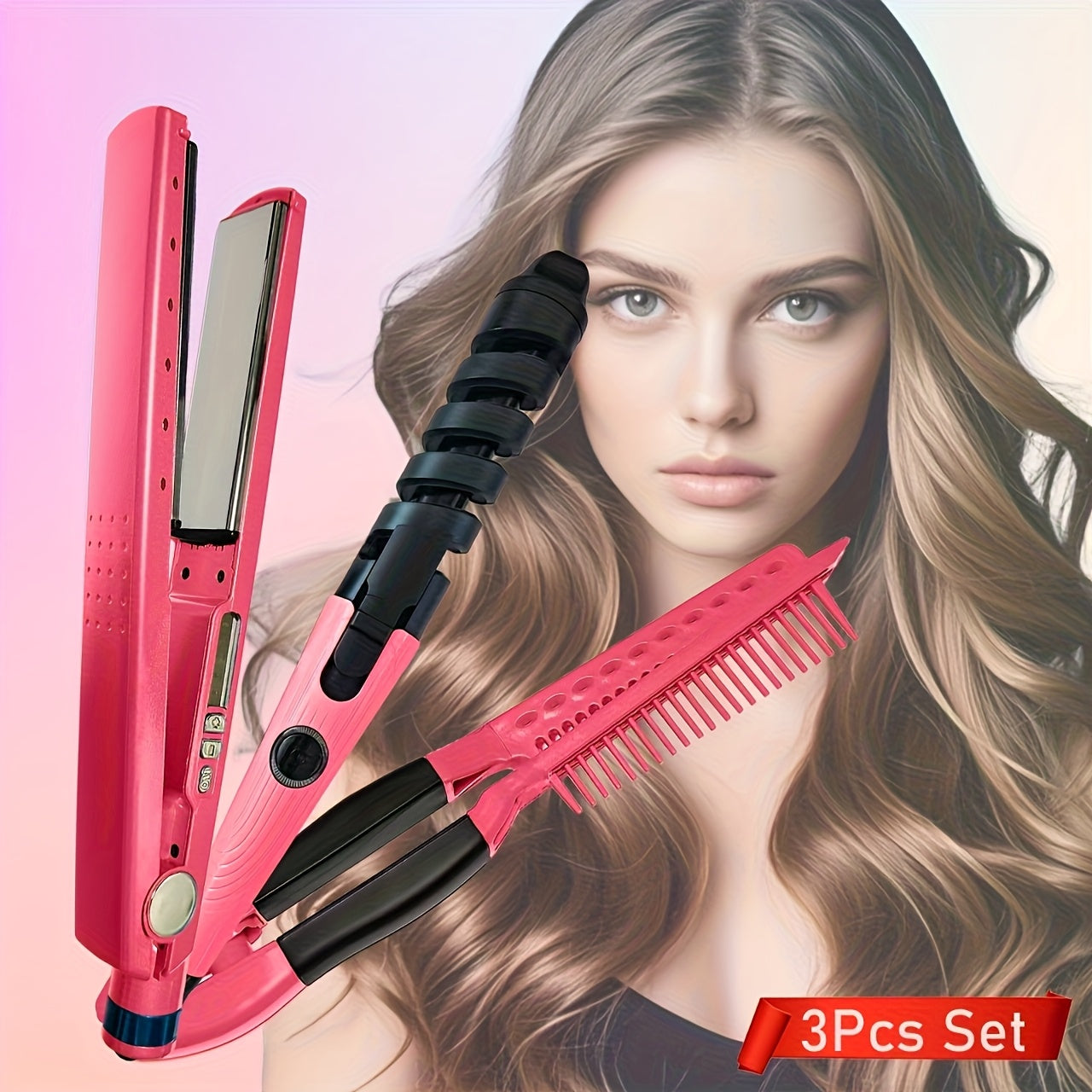 TEMU 3pcs Red Hair Styling Set: Straightener, Flat Iron & V-shaped Comb - Multi-functional Tools For All Hair Types, 110v Plug-in, Gift