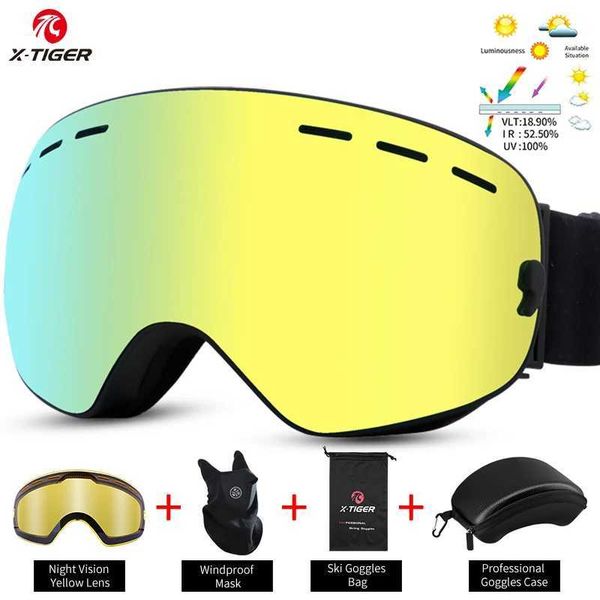 Ski Goggles X-TIGER Ski Goggles Double Layers Anti-Fog Set Snowmobile Eyewear Winter Outdoor Sport Ski Googles With Night Vision Yellow Lens