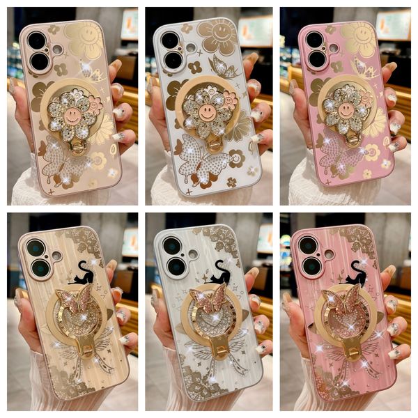 Luxury Diamond 3D Butterfly Flower Magnetic For Magsafe Wireless Ring Stand Bling Glitter Cat Shockproof Case For iPhone 16 15 14 13 Pro Max