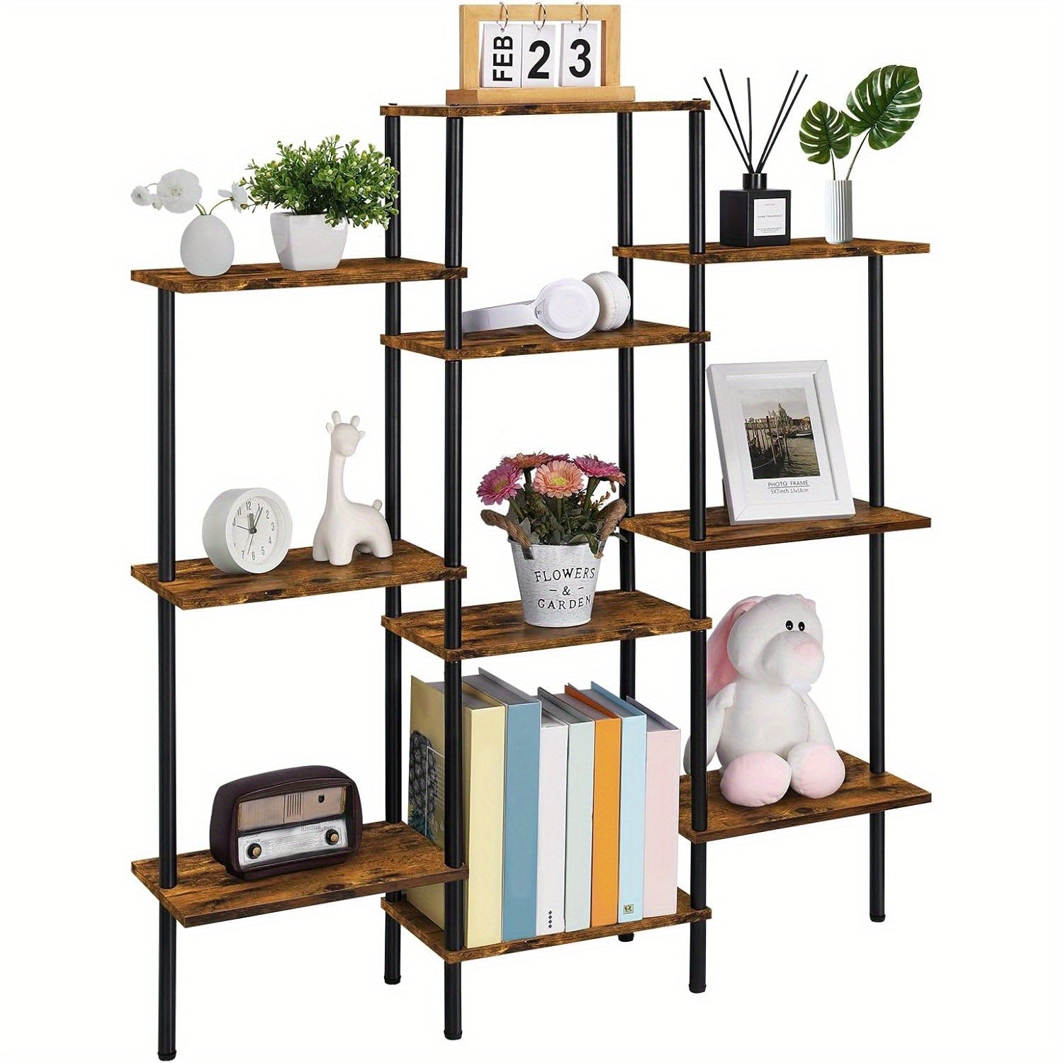 TEMU Rustic Brown 4-tier Triple Wide Bookshelf - 10 Open Shelves For Books, Cds, Movies, Decor & Organizing Essentials, Living Room, Home Office &