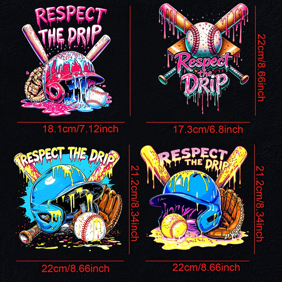 TEMU 4pcs Baseball-themed Heat Transfer Stickers - "" Design With Baseballs, Bats, And Helmets In Pink, Blue, And Yellow, T-shirts, Canvas Bags, And