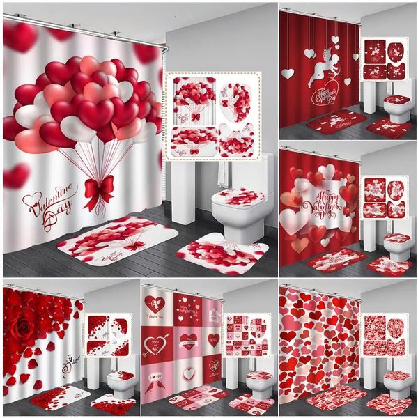 Love Heart Valentines Day Shower Curtains Bathroom Carpet Set Red Rose Home Decor el Toilet Lid Floor Carpet 250120