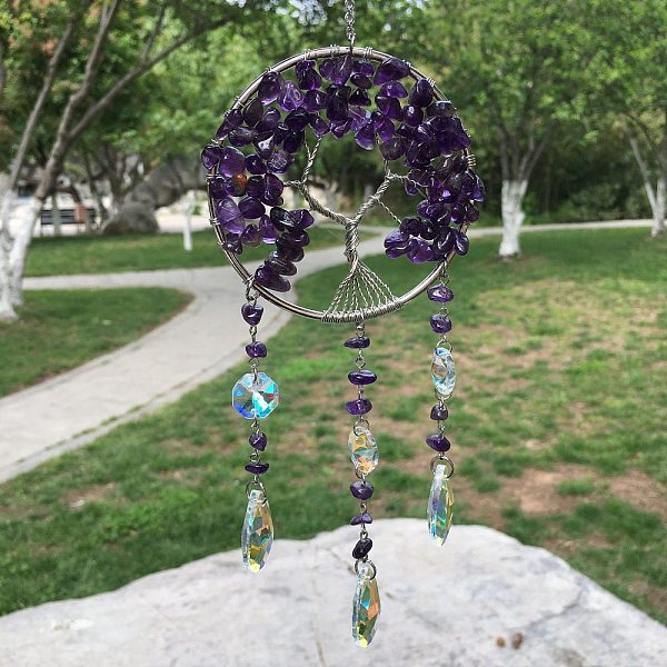 Metal Wire Wrapped Natural Amethyst Chips Flat Round with Tree of Life Pendant Decorations. Hanging Suncatchers