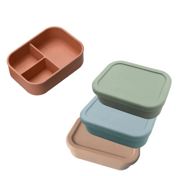 1PC square silicone three in one bento box for home and outdoor use, insulated rice bowls, food grade silicone Lunchbox BPA Free