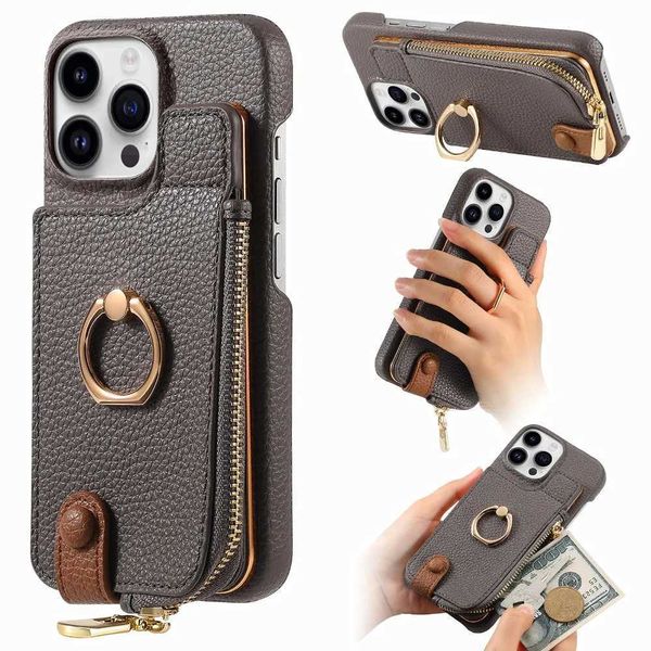 Ring Wrist Strap Leather Wallet with Card Holder Phone Case for 16 15 14 11 Pro Max XS XR 7 8 Plus 13 12 Mini CoverXJ250114