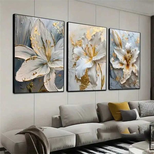 Fashion Gold and White Flower Canvas Posters Painting Abstract 3D Lily Flowers Wall Art Print for Bedroom Living Rome Home DecorC250121