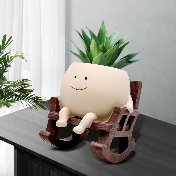 Contemporary Resin Planter Pot with Drainage Hole - Decorative Smiling Face Flowerpot in Rocking Chair Design for Indoor and Outdoor Use