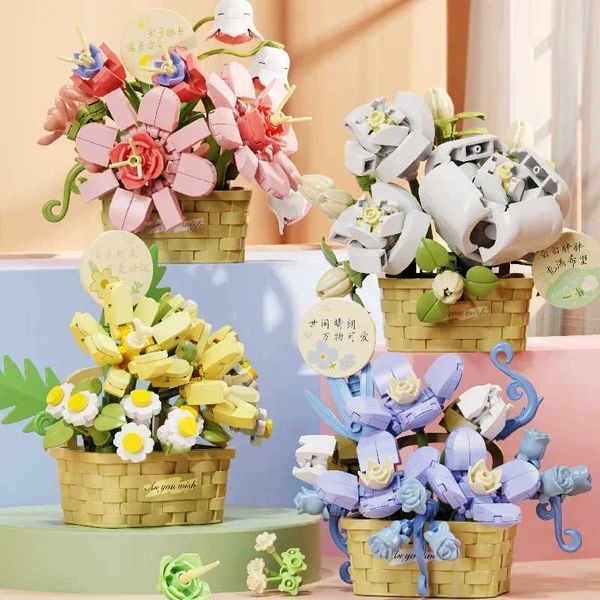 Blocks Potted Flower Basket Building Blocks Creative Bonsai Plant Bouquet Model Assemble Bricks Decoration Childrens Christmas Gifts z241009