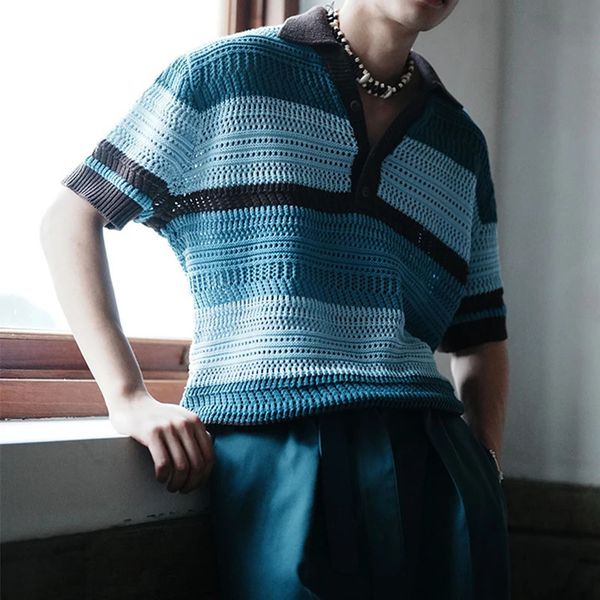 Streetwear Mens Knit Polo Shirts 2024 Summer Fashion Patchwork Hollow Out Knitted Tops For Men Short Sleeve Breathable Polos 240617