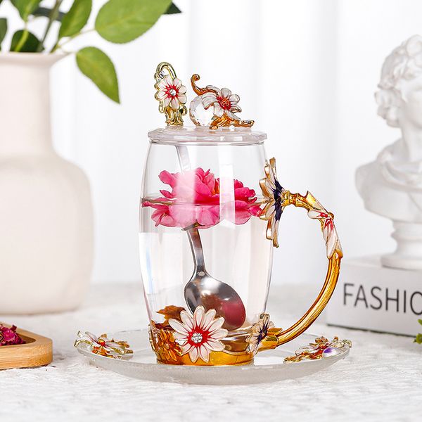 Chrysanthemum coffee cup Round enamel color water cup high temperature resistant crystal glass light luxury transparent tea cup