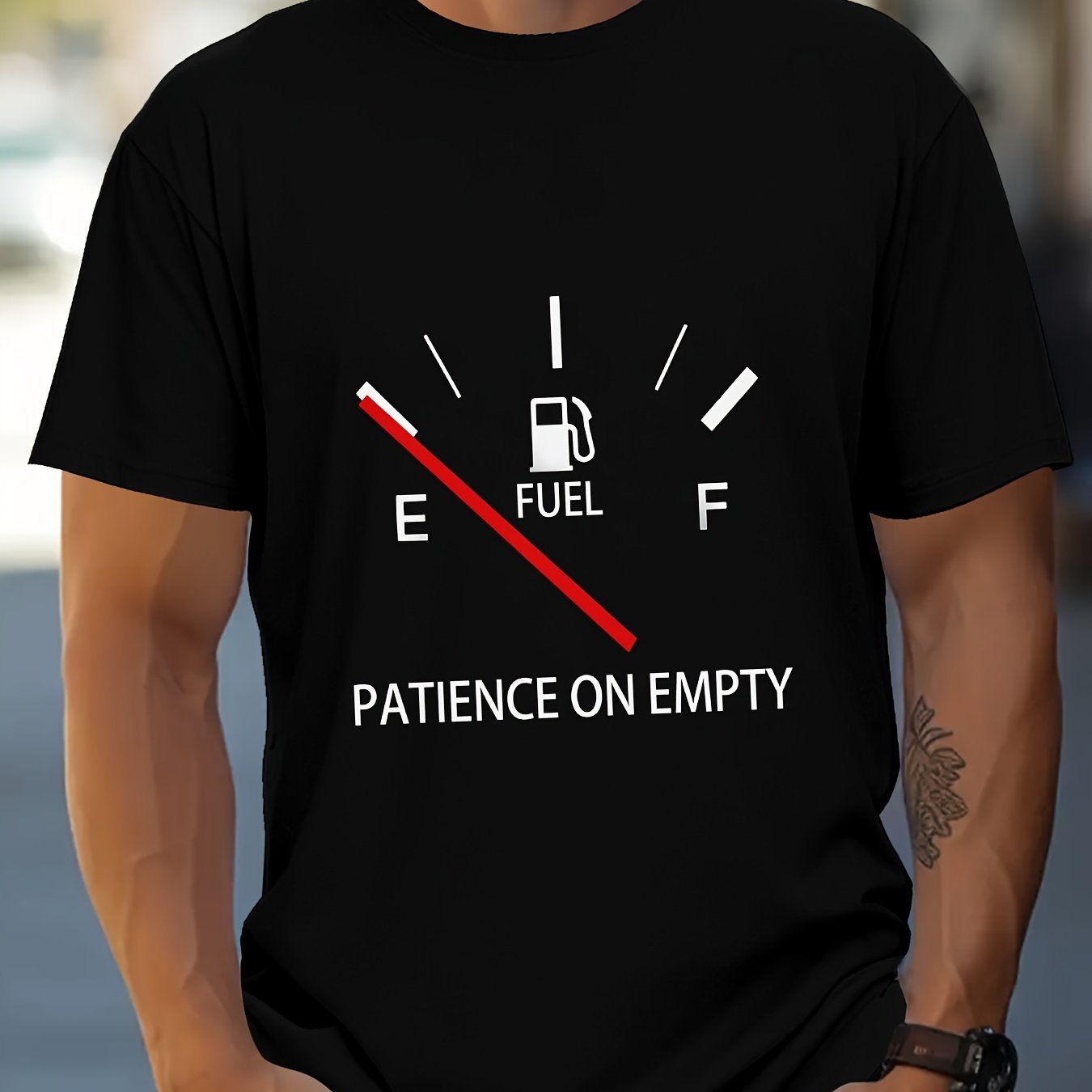 TEMU Men's Funny Fuel Gauge Graphic T-shirt - " On Empty" Design, White Crew Neck Tee With Red Fuel Needle, Lightweight Shirt For Everyday & Weekend