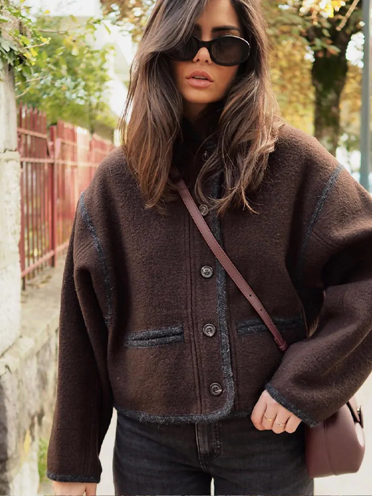 Casual Single-breasted Woolen Coat Women Autumn Winter Chic Long Sleeve Stand Collar Brown Jacket Female Fashion Streetwear 240815