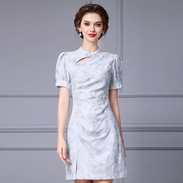 Smart Gentle and Feminine Improved Cheongsam New Chinese Stand Up Collar Buckle Pleated Embroidery Dress Mid Skirt Summer Style Pregnant Wom