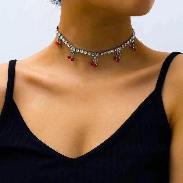 Fashion Bohemian Cherry Choker Necklace Gold Cz Hip Hop Tennis Chain Necklace for Women Tiny Rhinestone Cherry Pendant Necklace Jewelry for