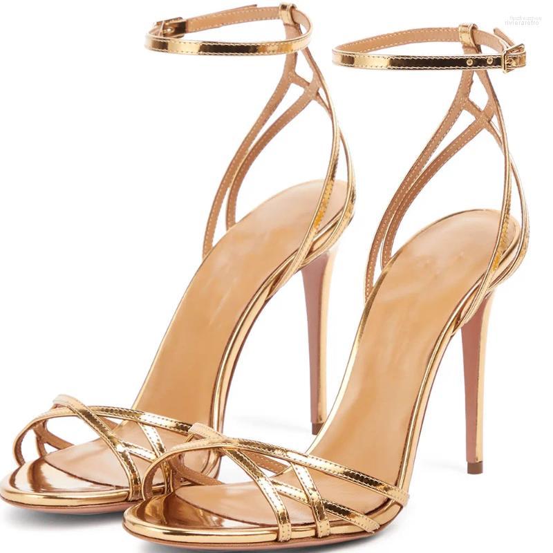 Sandals Gold Strappy Summer For Women 2024 Round Open Toe Stilettos Party High Heels Ladies Elegant Ankle Strap Large Size
