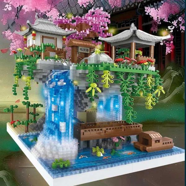 Creative Peach Blossom Pool Cherry Blossom Castle Tree House Landscape Collection City DIY Model Building Blocks Toys Children Adult Gifts W