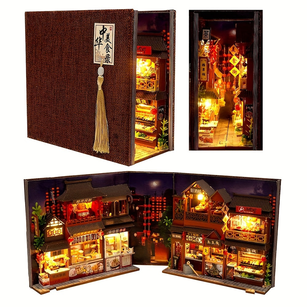 TEMU 1pc 3d Wooden Puzzle Book Nook Kit - Miniature Dollhouse With & Tassel Curtains, Chinese-themed Miniature House With Interior Decorations,