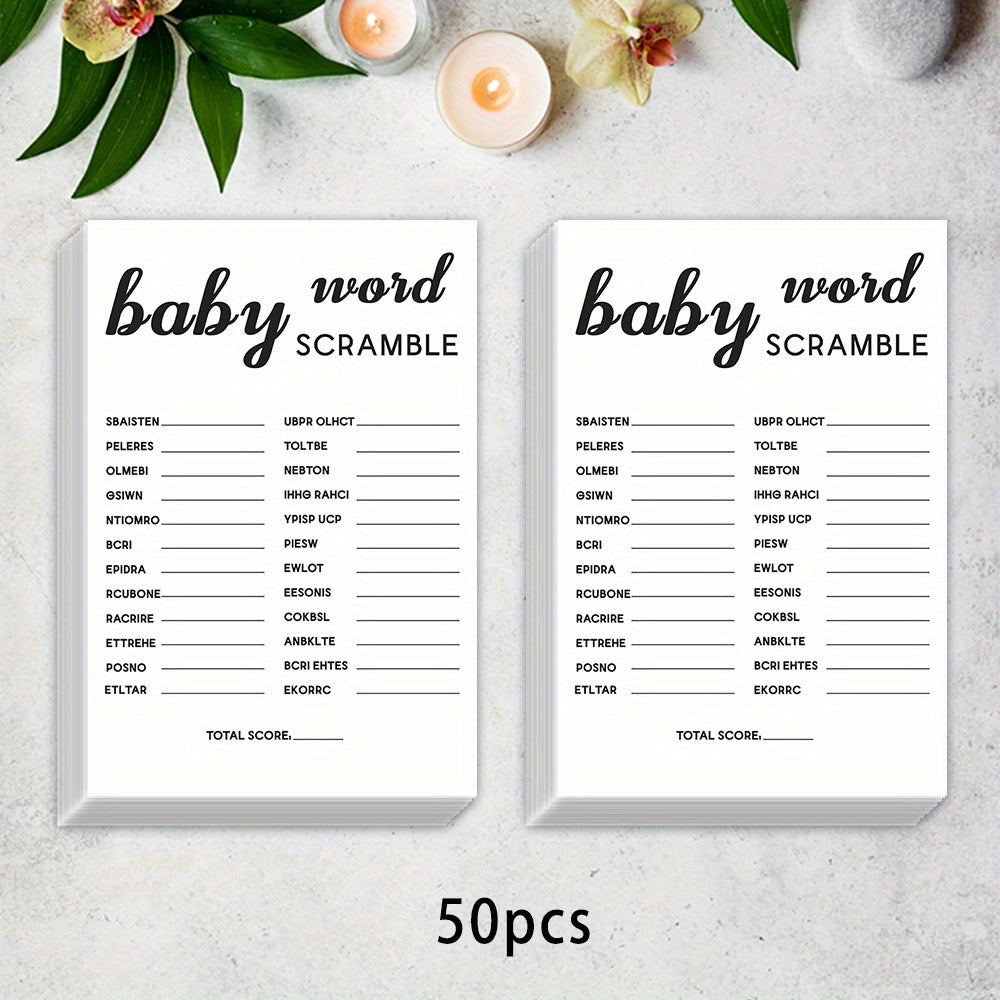 TEMU 50pcs Tlenpo Shower Word Scramble Game Cards - Fun Gender Reveal & New Parent Announcement Cards, Cartoon Theme Paper Party Games For Family ,