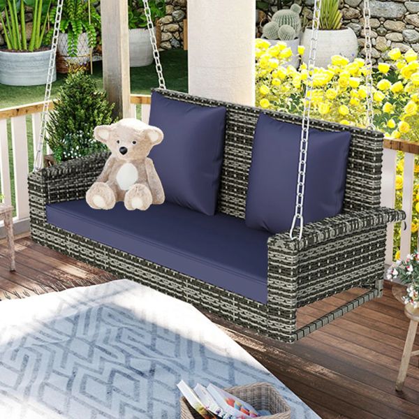 2 Seats Wicker Outdoor Swing Bench Patio Rattan Hanging Porch Chair for Garden Backyard