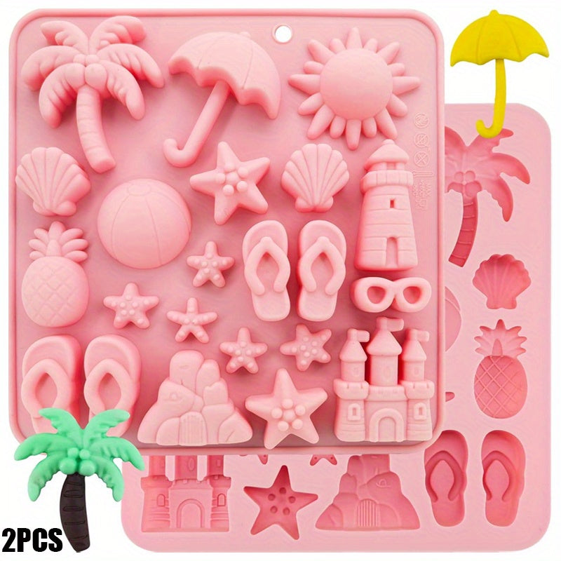 TEMU 2pcs Summer Beach Theme Silicone Molds - Chocolate Candy Jello Ice Cube Cookie Baking Molds With Starfish, Shells, Pineapple, Coconut Tree & For
