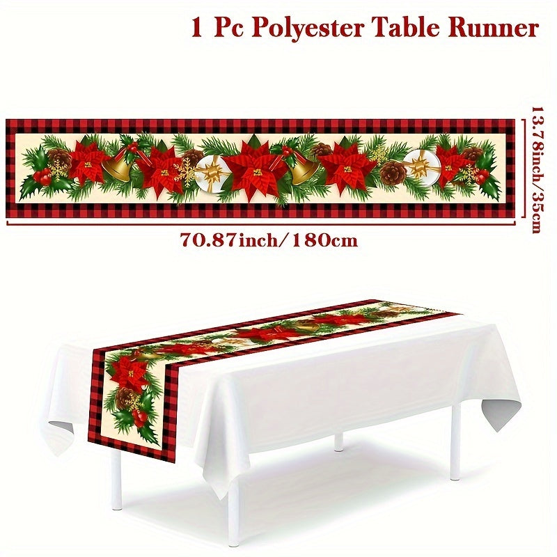 TEMU Christmas Table Runner - Polyester Woven Rectangular Table Decoration With Festive Floral Pattern, Holiday Tabletop Decor, Ideal For Christmas,