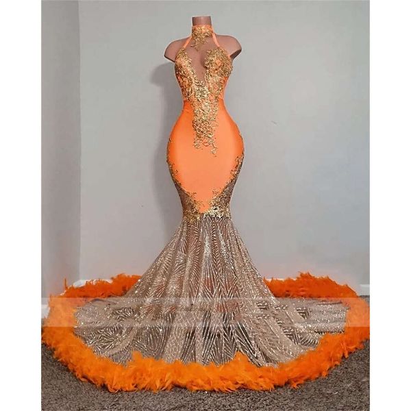 Halter Mermaid Prom Satin New Dresses Tulle Applique Feather Backless Evening Gowns Sparking Women Formal Party Dress